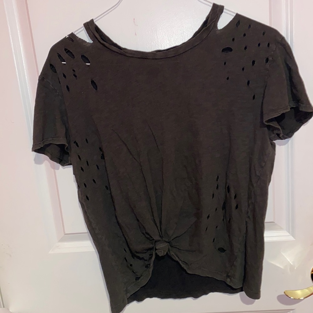Distressed Army Green Tied Front T-Shirt